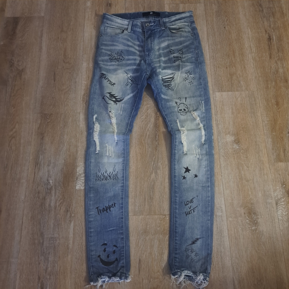 Focus Blue Denim Light-wash Jeans Black Graffiti Men's Size 32" X 32"